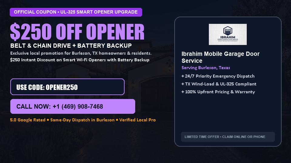 $250 OFF Smart Wi-Fi Garage Door Opener Installation in Burleson, TX - Ibrahim Mobile Garage Door Service