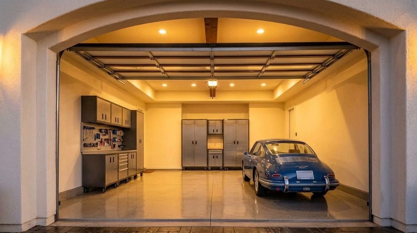Ibrahim Mobile Garage Door Service Interior View of Custom Garage Door Overhead and Workshop